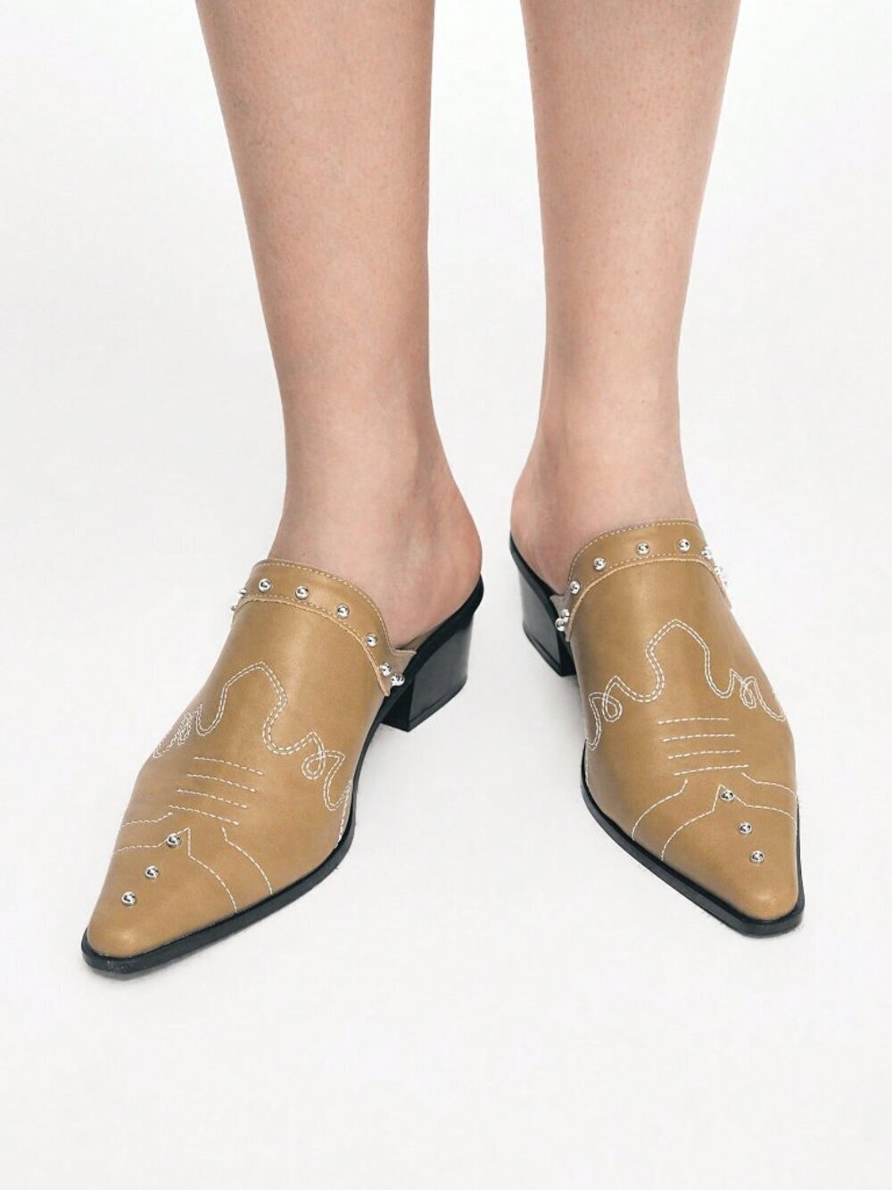 Khaki Casual Women's Studded Decor Pointed Toe High Heel Mules